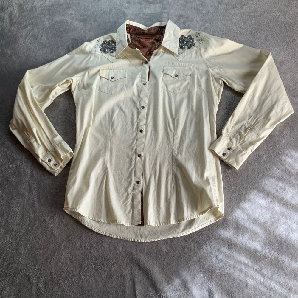Twenty X Wrangler Womens Western Shirt Large Cream Embroidered Floral LJ7111N